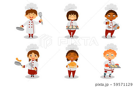 Children in the form of cooks with utensils. Vector illustration. 59571129