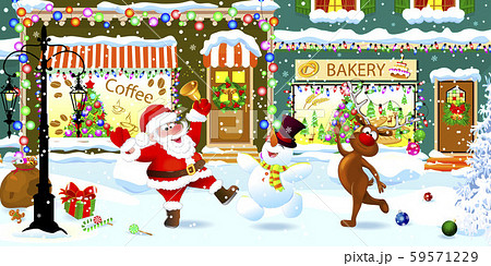 Santa, snowman and reindeer celebrate Christmas on 59571229