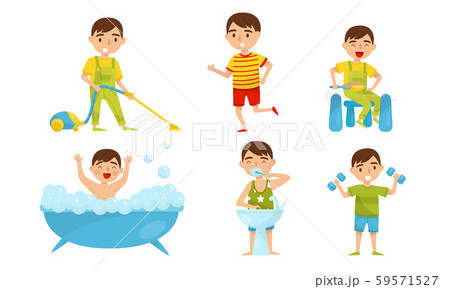 Boy does exercises and restores order in the house. Vector illustration. Boy does exercises and restores order in the house. Vector illustration. 59571527