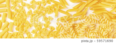 Italian pasta panorama, a flat lay texutre on a white background. Fusilli, farfalle, penne, rigatoni Italian pasta panorama, a flat lay texutre on a white background. Fusilli, farfalle, penne, rigatoni 59571690