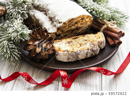 Christmas stollen on wooden background 59572022