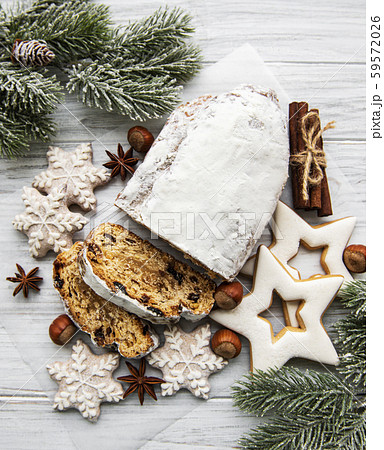 Christmas stollen on wooden background 59572026