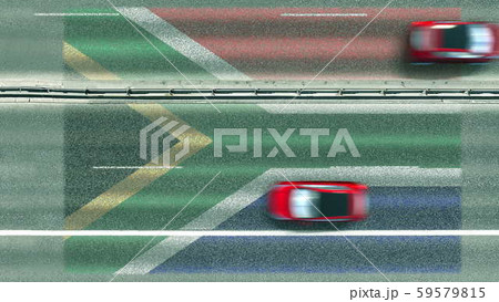 Aerial top down view of cars and flag of South Africa on the road. Traveling related conceptual 3D Aerial top down view of cars and flag of South Africa on the road. Traveling related conceptual 3D 59579815