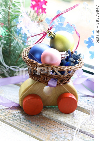 Toy car, Christmas decor, spruce branches, illumination  59579947