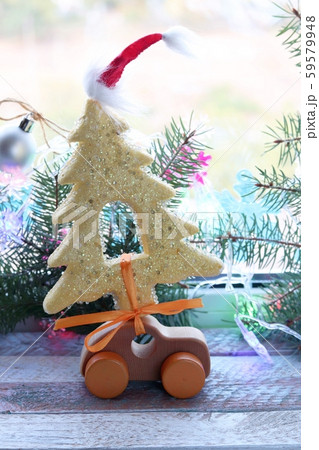 Toy car, Christmas decor, spruce branches, illumination  59579948