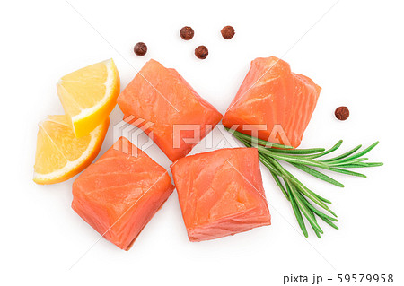 Slice of red fish salmon with rosemary and lemon isolated on white background. Top view. Flat lay Slice of red fish salmon with rosemary and lemon isolated on white background. Top view. Flat lay 59579958