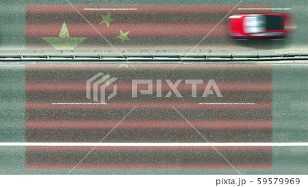 Aerial top down view of car and flag of China on the road. Traveling related conceptual 3D rendering Aerial top down view of car and flag of China on the road. Traveling related conceptual 3D rendering 59579969