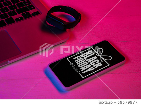 Top view of set of gadgets in purple neon light Top view of set of gadgets in purple neon light 59579977