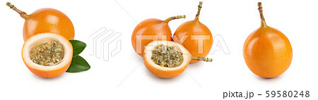 Granadilla or yellow passion fruit with leaf isolated on white background. Set or collection Granadilla or yellow passion fruit with leaf isolated on white background. Set or collection 59580248