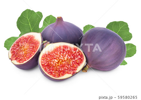 Fresh fig fruit and half with leaves isolated on white background Fresh fig fruit and half with leaves isolated on white background 59580265