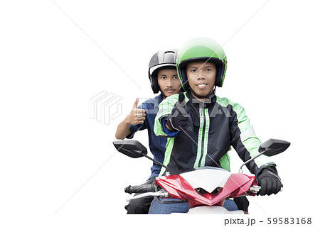 Asian motorcycle taxi man and his passenger showing thumbs up Asian motorcycle taxi man and his passenger showing thumbs up 59583168