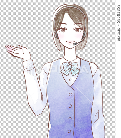 ヘッドセットを付けて右手で案内する若い女性オペレーターのイラスト素材