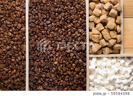 coffee beans in wooden plank box 59584398