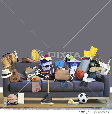 Large leather sofa with a bunch of different things	 59588925