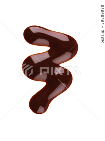 Chocolate syrup drizzle isolated on white background. Splashes of sweet chocolate sauce. Top view. 59589938