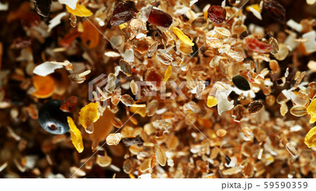 Freeze motion of flying group of cereal breakfast 59590359