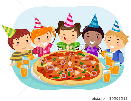 Stickman Kids Pizza Birthday Party Illustrationのイラスト素材