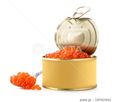 Red caviar in a can and spoon on a white Red caviar in a can and spoon on a white 59592002