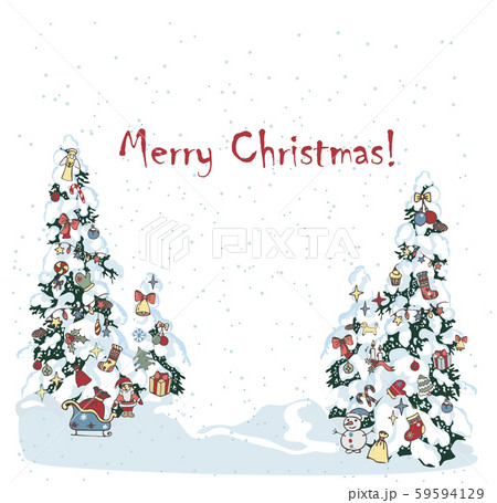 Winter evergreen christmas tree pine with decorated with spruce toys in winter forest. Christmas trees background. New Year background for design of postcard or banner Winter evergreen christmas tree pine with decorated with spruce toys in winter forest. Christmas trees background. New Year background for design of postcard or banner 59594129