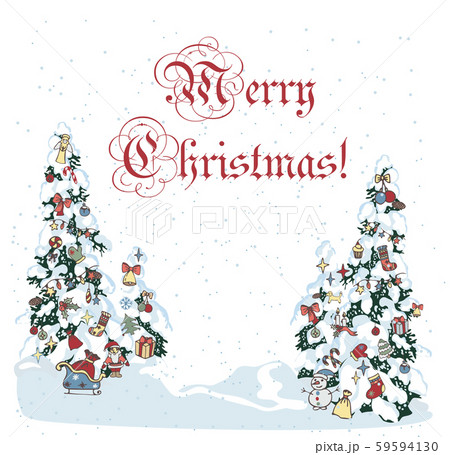 Winter evergreen christmas tree pine with decorated with spruce toys in winter forest. Christmas trees background. New Year background for design of postcard or banner Winter evergreen christmas tree pine with decorated with spruce toys in winter forest. Christmas trees background. New Year background for design of postcard or banner 59594130