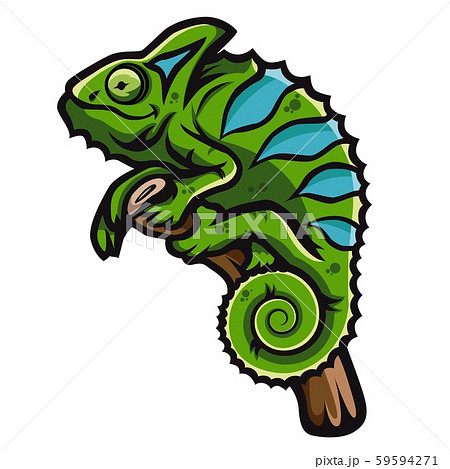 Green Smiling Chameleon Is Sitting On Branch のイラスト素材