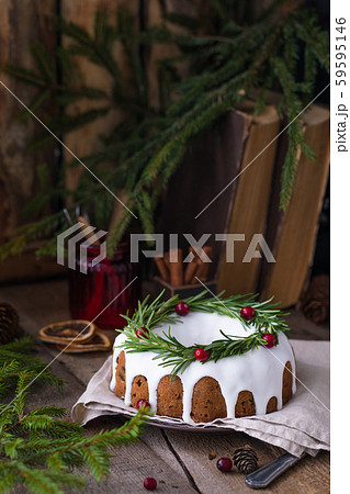 Traditional homemade Christmas fruit cake on the Traditional homemade Christmas fruit cake on the 59595146