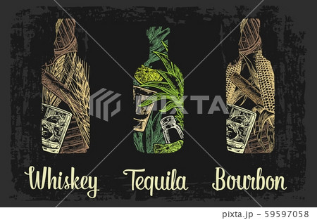 Whiskey and tequila bottle with glass, ice cubes, Whiskey and tequila bottle with glass, ice cubes, 59597058