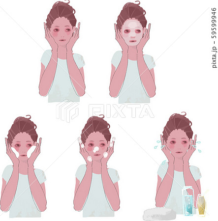 フェイスパック、泡洗顔、保湿をする　女性のイラストセット 59599946