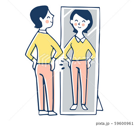 自分の姿を鏡を見ている笑顔の女性のイラスト素材