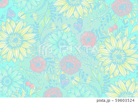 花柄の背景素材 レトロ ポップ 手書きイラスト ターコイズブルー エメラルドグリーンのイラスト素材