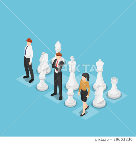 Isometric business team standing with chess 59603830
