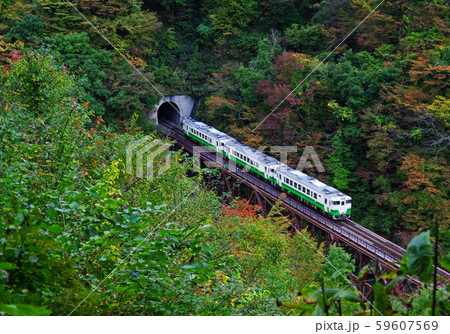 トンネルを出るJR只見線の電車 トンネルを出るJR只見線の電車 59607569