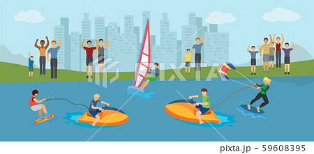Water sport competition vector illustration. Different kinds of extremal water sport windsurfing 59608395