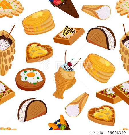 Waffle sweet cookies seamless pattern flat style vector illustration. Wafer delicious baked pastry Waffle sweet cookies seamless pattern flat style vector illustration. Wafer delicious baked pastry 59608399