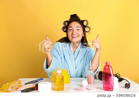 Portrait of young caucasian woman in her beauty day and skin care routine 59608629