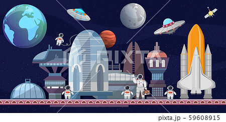 Spaceport of future cartoon vector illustration. Spaceships, launching pad, astronauts, satellites Spaceport of future cartoon vector illustration. Spaceships, launching pad, astronauts, satellites 59608915