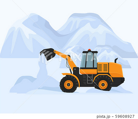 Snow removal in cold winter vector illustration. Snowblower petrol machine yellow tractor works to Snow removal in cold winter vector illustration. Snowblower petrol machine yellow tractor works to 59608927