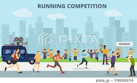 Running jogging marathons competitions race vector illustration. Sport runners group men and women 59608954