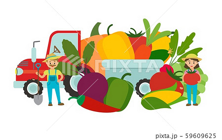 Couple of farmers with harvest of vegetables vector illustration. Farmers woman holding big tomato 59609625