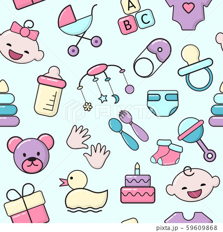 Kids baby child newborn pattern vector illustration. Diapers, nipple, baby carriage, feeding bottle 59609868
