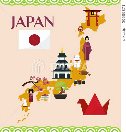 Japan tourism and travel concept vector illustration. Map of Japan with Japanese landmarks and 59609871