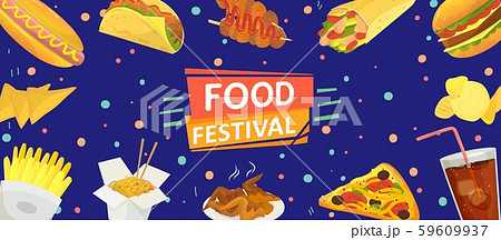 Food festival banner poster vector illustration. Celebration flyer template. Fast food hamburgers 59609937