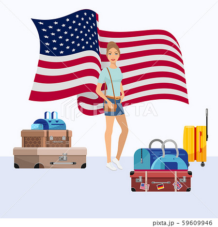 United States of America emigration vector illustration. Young woman girl emigrate to USA standing 59609946