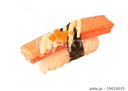 imitation crab stick topping shrimp egg maki Sushi Japanese food on white background 59610035