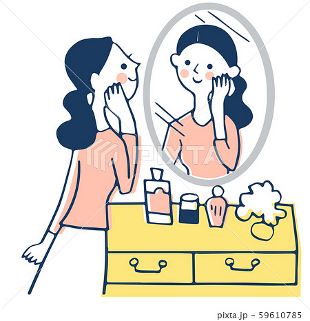 鏡で自分の顔を見る女性のイラスト素材