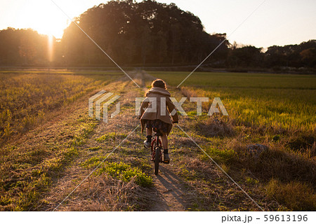 夕焼けの小道を進む自転車に乗った女の子 59613196