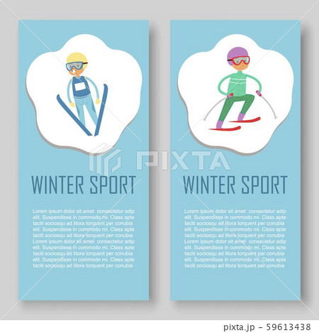 Skiing and winters sports vector banners set. Cartoon illustration of skier sportsman riding on snow Skiing and winters sports vector banners set. Cartoon illustration of skier sportsman riding on snow 59613438