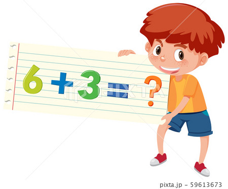 Boy holding math question of addition 59613673