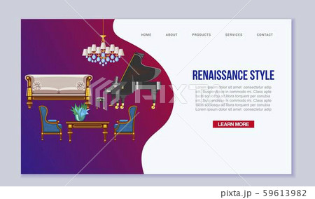 Vintage furniture interior vector web template. Chairs, table, grand piano and sofas in renaissance 59613982