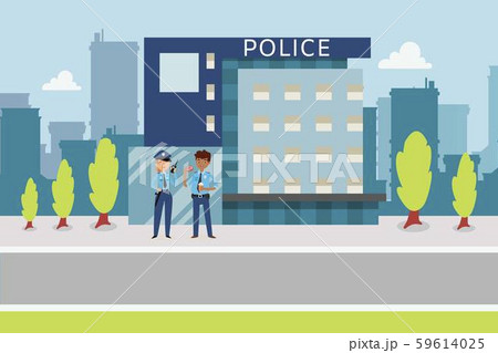 Police concept with cops flat style near police city station, vector cartoon illustration. Young 59614025
